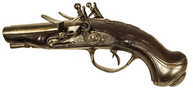 FLINTLOCK PISTOL, .48 CAL SMOOTH BOREDouble barrel: FLINTLOCK PISTOL, .48 CAL SMOOTH BOREDouble barrel small flintlock pistol, lock plate signed "Iscius Fidelle", finely engraved, 8" l.