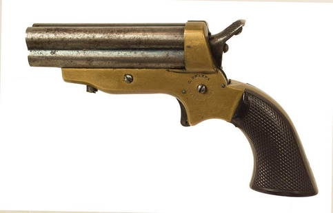 FOUR BARREL DERRINGER, .30 CAL RIMFIREBrass and steel,: FOUR BARREL DERRINGER, .30 CAL RIMFIREBrass and steel, checkered grips, signed "C. Sharps & Co, Philada. Pa.", "13307", 6" l.