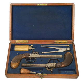 PERCUSSION PISTOLS, .36 CALBoxed set of percussion: PERCUSSION PISTOLS, .36 CALBoxed set of percussion pistols, signed "Tryon Merrick & Co", Philadelphia, PA, c. 1832-1837, small repair to bottom of grip on one pistol, (literary reference: Ray Riling,