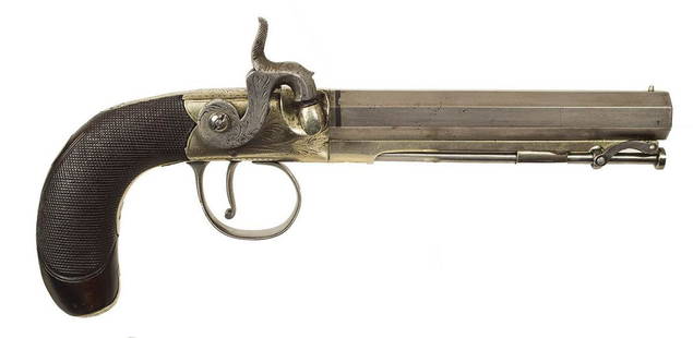 PERCUSSION PISTOL, .50 CALSingle shot percussion: PERCUSSION PISTOL, .50 CALSingle shot percussion pistol, very fine checkering on grip, marked "Forehand & Wadsworth, Worcester, Mass.", c. 1871, finely engraved, good condition, nickel silver frame,