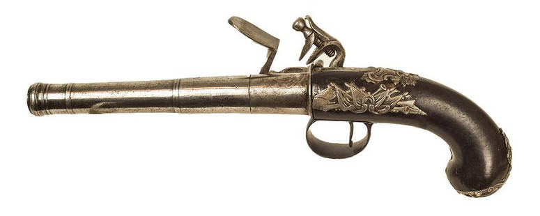 EXCEPTIONAL FLINTLOCK PISTOL, .65 CAL - EX. GEORGE C.: EXCEPTIONAL FLINTLOCK PISTOL, .65 CAL - EX. GEORGE C. NEUMANNSingle shot flintlock pistol, raised nickel silver decorative engraving, (Queen Anne pistol, exact gun illustrated in George C. Neumann's