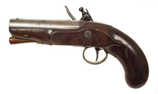 FLINTLOCK PISTOLSingle shot pistol, lock plate signed: FLINTLOCK PISTOLSingle shot pistol, lock plate signed "Jover", barrel marked "London", c. 1800-1812, non-functioning, 35% original finish, 8" l.