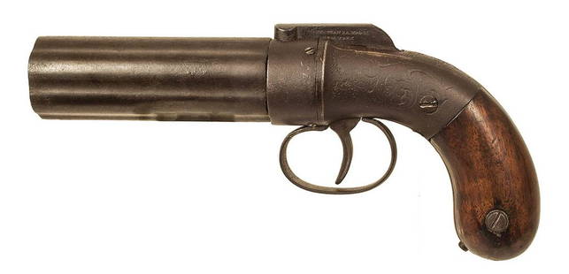 PEPPERBOX PISTOL, .31 CALManhattan six shot Pepperbox: PEPPERBOX PISTOL, .31 CALManhattan six shot Pepperbox pistol, signed on hammer "Manhattan Hale & Co, New York", c. 1850's, condition good, mechanically okay, 8" l.