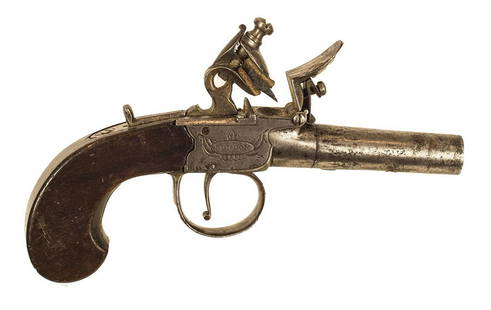 FLINTLOCK PISTOL, .41 CALSingle shot flintlock pistol,: FLINTLOCK PISTOL, .41 CALSingle shot flintlock pistol, signed "Sharpe, London", c. 1800-1820, functioning well, gray finish, 6 1/2" l.