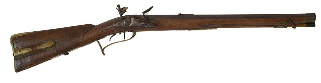 FLINTLOCK JAEGER STALKING RIFLE, .54 CALGerman origin,: FLINTLOCK JAEGER STALKING RIFLE, .54 CALGerman origin, two triggers, wooden covered patch box, signed on top of barrel "J.G. Fiedler in Ulm", (short rifle illustrated on p. 226 of George C. Neumann's