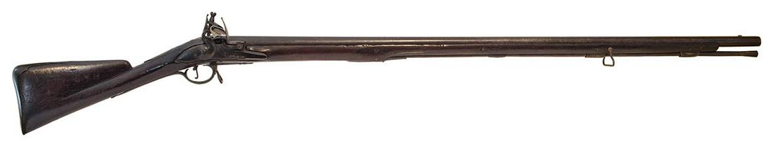 BROWN BESS FLINTLOCK MUSKET - EX. GEORGE C.: BROWN BESS FLINTLOCK MUSKET - EX. GEORGE C. NEUMANNEnglish Brown Bess, 1st model, original wood ramrod, c. 1747, used in Revolution, marked "First Regiment of Foot Guards", top of barrel stamped "Regi