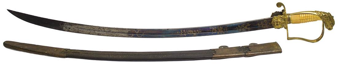 SWORD AND SCABBARDBrass guard, eagle head pommel,: SWORD AND SCABBARDBrass guard, eagle head pommel, checkered bone grip with rings, (shows chip at top), brass eagles on both sides, "JS & Co" on top of blade under eagles, blade with American eagle and