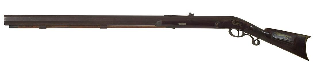 PERCUSSION HALF STOCK RIFLED TARGET GUN, .50: PERCUSSION HALF STOCK RIFLED TARGET GUN, .50 CALProfusely engraved, unsigned, heavy octagonal barrel, engraved brass and brass fox detail on stock, hand checkered stock, (needs work on lock), 53 1/4" 