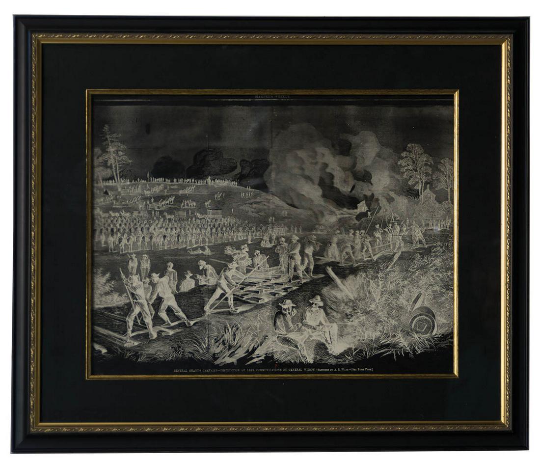 "HARPER'S WEEKLY" NEWSPAPER NEGATIVERare framed and: "HARPER'S WEEKLY" NEWSPAPER NEGATIVERare framed and glazed, Civil War "Harper's Weekly" newspaper negative of General Grant's Campaign, Destruction of Lee's Communications by General Wilson, sketched 