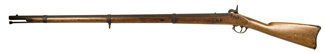 PERCUSSION RIFLED MUSKET"E. Robinson, New York, US,: PERCUSSION RIFLED MUSKET"E. Robinson, New York, US, 1863", model 61, stamped marks "SB, U", heavily rusted, sanded stock, 56" l.