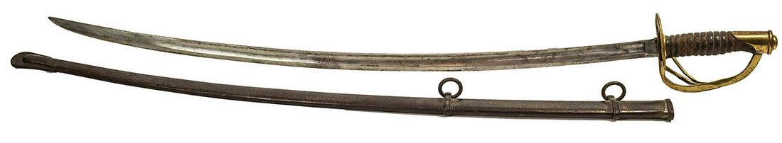 CIVIL WAR SWORDCavalry saber, stamped on the blade "US,: CIVIL WAR SWORDCavalry saber, stamped on the blade "US, J.T., 1860" and "JH" on the pommel, good blade, wire wrap is missing, includes a scabbard, 41" l.