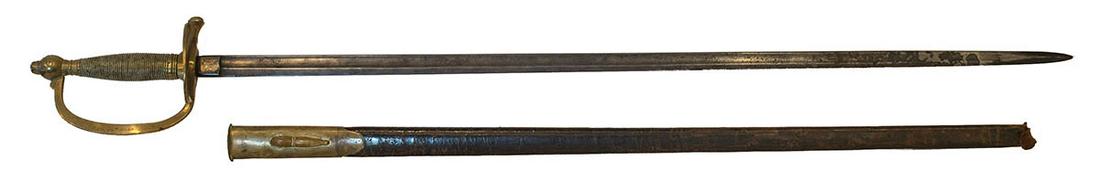 CIVIL WAR ERA SWORDModel 1840 NCO sword, with a brass: CIVIL WAR ERA SWORDModel 1840 NCO sword, with a brass hilt, pommel and guard stamped "14", blade has worn stamps, "ELMSF" appears on one side in a worn half circle, (Chelmsford, MA is the probable loc