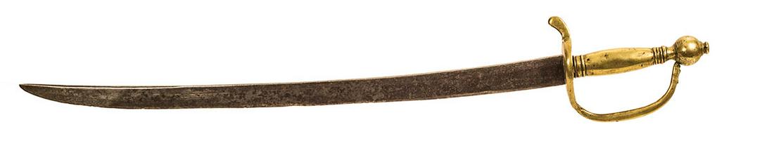 REVOLUTIONARY WAR HANGERBrass hilt, that includes a: REVOLUTIONARY WAR HANGERBrass hilt, that includes a heart shaped guard, with wear, 28 1/2" l