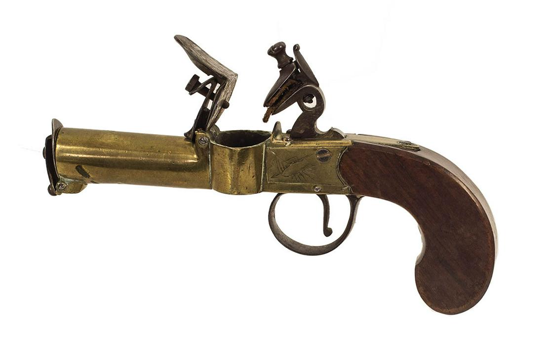 BRITISH TINDER LIGHTERBrass barreled flintlock tinder: BRITISH TINDER LIGHTERBrass barreled flintlock tinder lighter, early 1800's, with minor hand engraved detail, 7 1/4" l.
