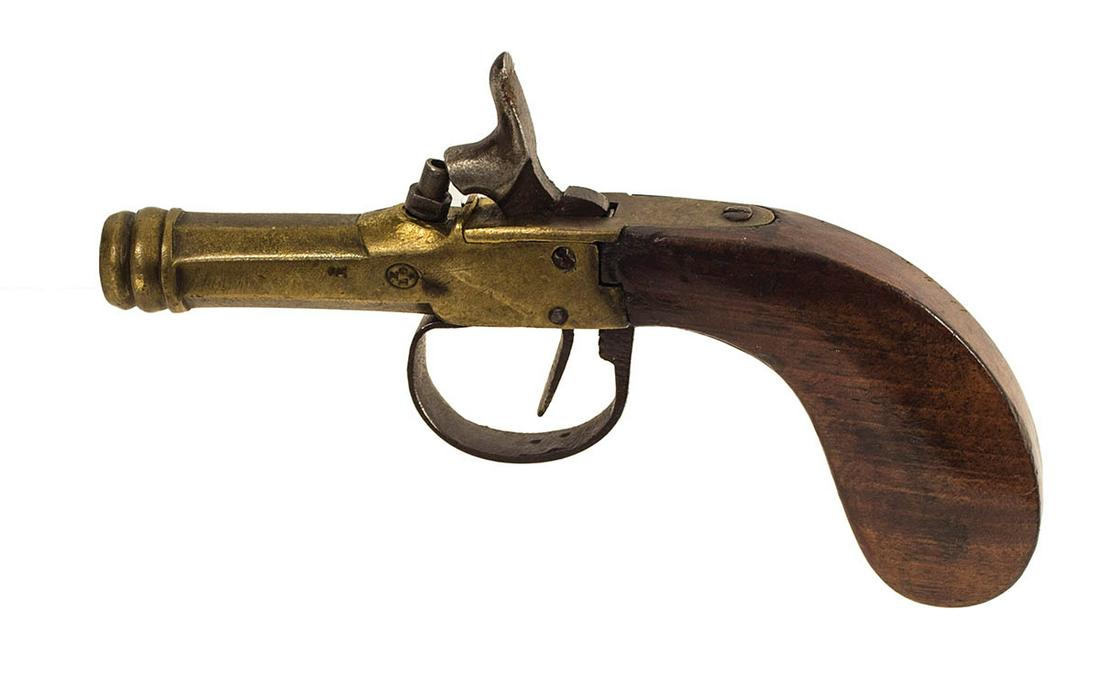BELGIAN PERCUSSION PISTOLBrass barreled, stamped "E L G: BELGIAN PERCUSSION PISTOLBrass barreled, stamped "E L G star" in an oval, and "crown R" on the barrel, hammer worn, c. 1850-1860, 5 1/4" l.