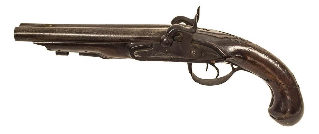 PERCUSSION PISTOLDouble barreled, carved wooden stock: PERCUSSION PISTOLDouble barreled, carved wooden stock and inlaid wire detail, stock has been broken, repaired and has other damage, crack in one lock plate, missing ramrod, with wear, 15" l, (good for