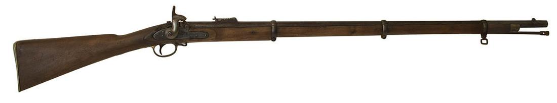 BRITISH PERCUSSION RIFLE"Parker Field & Sons, London",: BRITISH PERCUSSION RIFLE"Parker Field & Sons, London", a few stamps in barrel, "f.s." carved in stock, large chip in stock behind barrel, with wear, many replaced parts, 55 1/4" l.