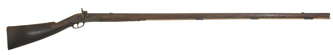 PERCUSSION MUSKETN.E. Fowling Gun, conversion, "Warren,: PERCUSSION MUSKETN.E. Fowling Gun, conversion, "Warren, Albany", with worn engraving on brass, "BB" stamped on underside of stock, replaced ramrod, stock damage at end of barrel and wear, 64 1/4" l.