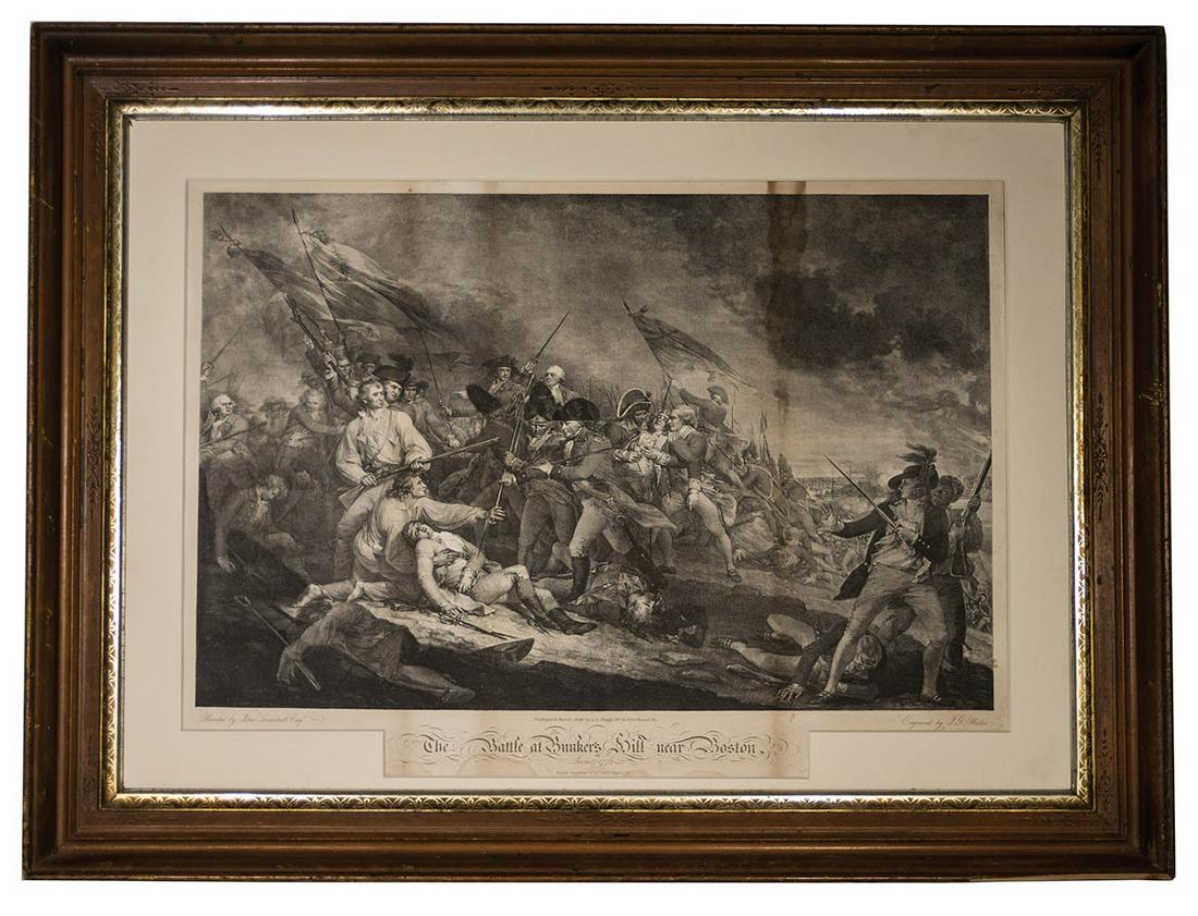 BATTLE OF BUNKER HILL HISTORICAL PRINTAfter John: BATTLE OF BUNKER HILL HISTORICAL PRINTAfter John Trumbull, "The Battle of Bunker's Hill Near Boston", 19th c. facsimile reproduction by "Graphic Co., N.Y.", also known as "Death of General Warren.", w