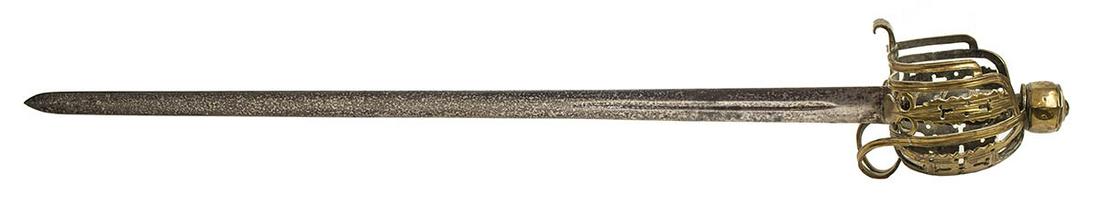 SCOTTISH SWORDEarly brass basket hilt sword, with a: SCOTTISH SWORDEarly brass basket hilt sword, with a leather grip, 38 1/4" l.