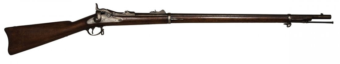 TRAP DOOR RIFLE AND BAYONET, .45/.70 CAL"U.S.: TRAP DOOR RIFLE AND BAYONET, .45/.70 CAL"U.S. Springfield, US Model 1878" trap door rifle, made in 1884, serial #281069, numerous stamped marks on barrel, nice cartouche, decent bore, 51 3/4" l, with 