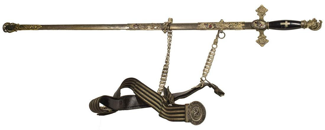 TWO SWORDSKnights Templar sword, made by "C.E. Ward: TWO SWORDSKnights Templar sword, made by "C.E. Ward Co., New London, CT." (1891-1913) for "Lester E. Stewart", with scabbard and belt, buckle reads "Temple 2 Commandery.", 37" l; Sword with a brass gu