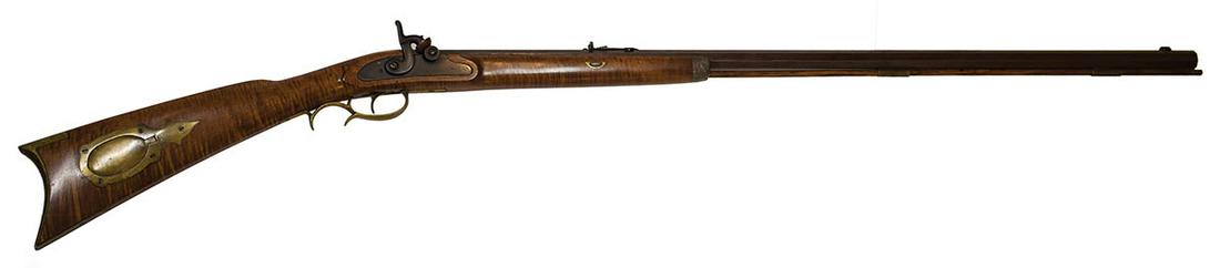 CONTEMPORARY MUZZLE LOADER RIFLE, .36 CALHalf stock,: CONTEMPORARY MUZZLE LOADER RIFLE, .36 CALHalf stock, hand-finished, percussion muzzle loader rifle, exhibits octagon barrel, tiger maple half stock, brass patch box and trigger guard, and a Redfield s