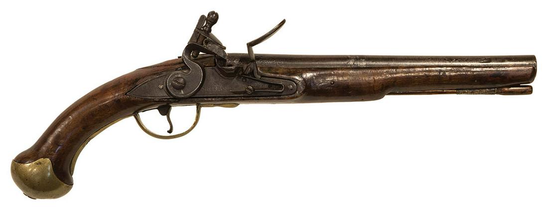 FLINTLOCK PISTOL - EX. GEORGE C. NEUMANNFrench and: FLINTLOCK PISTOL - EX. GEORGE C. NEUMANNFrench and Indian War, American Revolution era pistol, lock plate stamped "Sheppard", purchased from George C. Neumann, exact gun illustrated in his book Battle