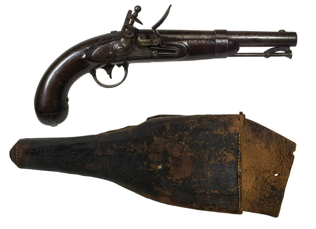 FLINTLOCK PISTOLMassachusetts Model 1836 flintlock: FLINTLOCK PISTOLMassachusetts Model 1836 flintlock pistol, tapered round barrel displaying inspector "JCS" initials and "P" proof mark, lock plate is stamped "A. Waters, Milbury, MS, 1837", stock has 