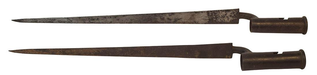 TWO BAYONETS"Crown, 46, I Salter" bayonet, 22" l;: TWO BAYONETS"Crown, 46, I Salter" bayonet, 22" l; "Woolley" bayonet, 19 3/4" l; both are British Brown Bess bayonets, Revolutionary War, War of 1812 era, both have wear, tip of Woolley bayonet is bent