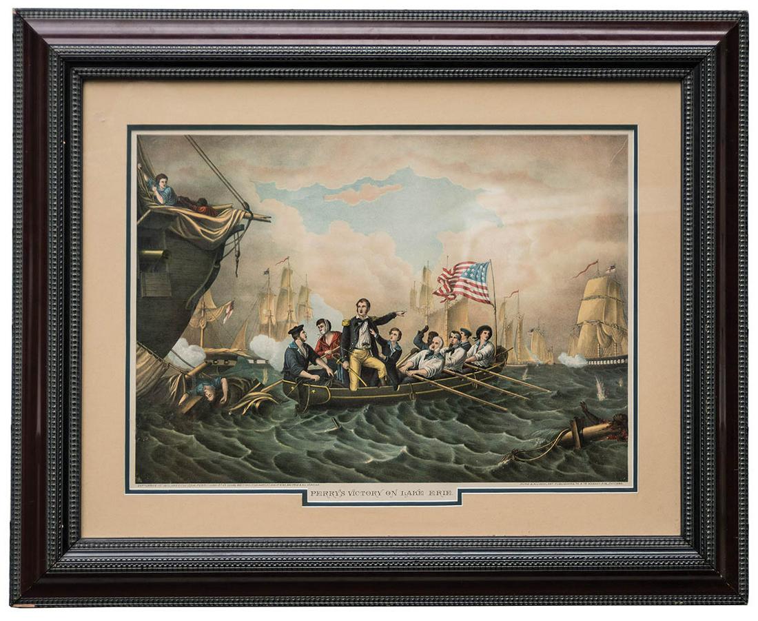 LITHO - VICTORY ON LAKE ERIEHand-colored: LITHO - VICTORY ON LAKE ERIEHand-colored chromolithograph of "Perry's Victory on Lake Erie, 1813.", "Kurz & Allison, Art Publishers, Chicago", with wear and damage to one corner of frame, 18" x 25 1/4