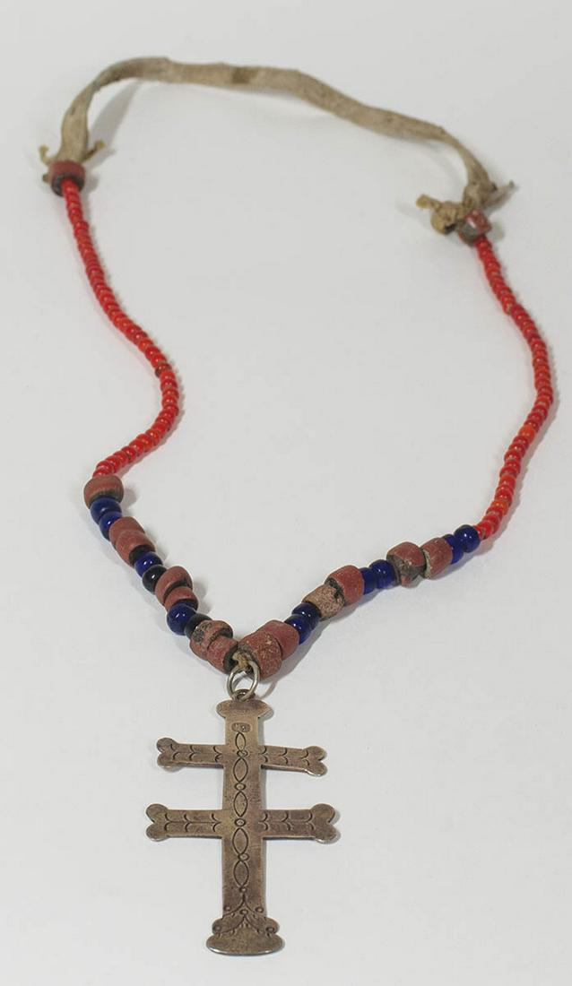 INDIAN TRADE LORRAINE CROSS, AND BEAD: INDIAN TRADE LORRAINE CROSS, AND BEAD NECKLACEPatriarchal cross or Indian trade "Lorraine Cross", a similar cross was excavated in Kingston, Canada at the First Fort Frontenac, made of silver or a sil