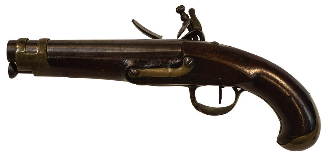 FRENCH FLINTLOCK PISTOLBrass trigger guard, butt cap,: FRENCH FLINTLOCK PISTOLBrass trigger guard, butt cap, and front band, lock plate is unmarked, old stock chips, c. 1810-1820, 11 1/2" l.