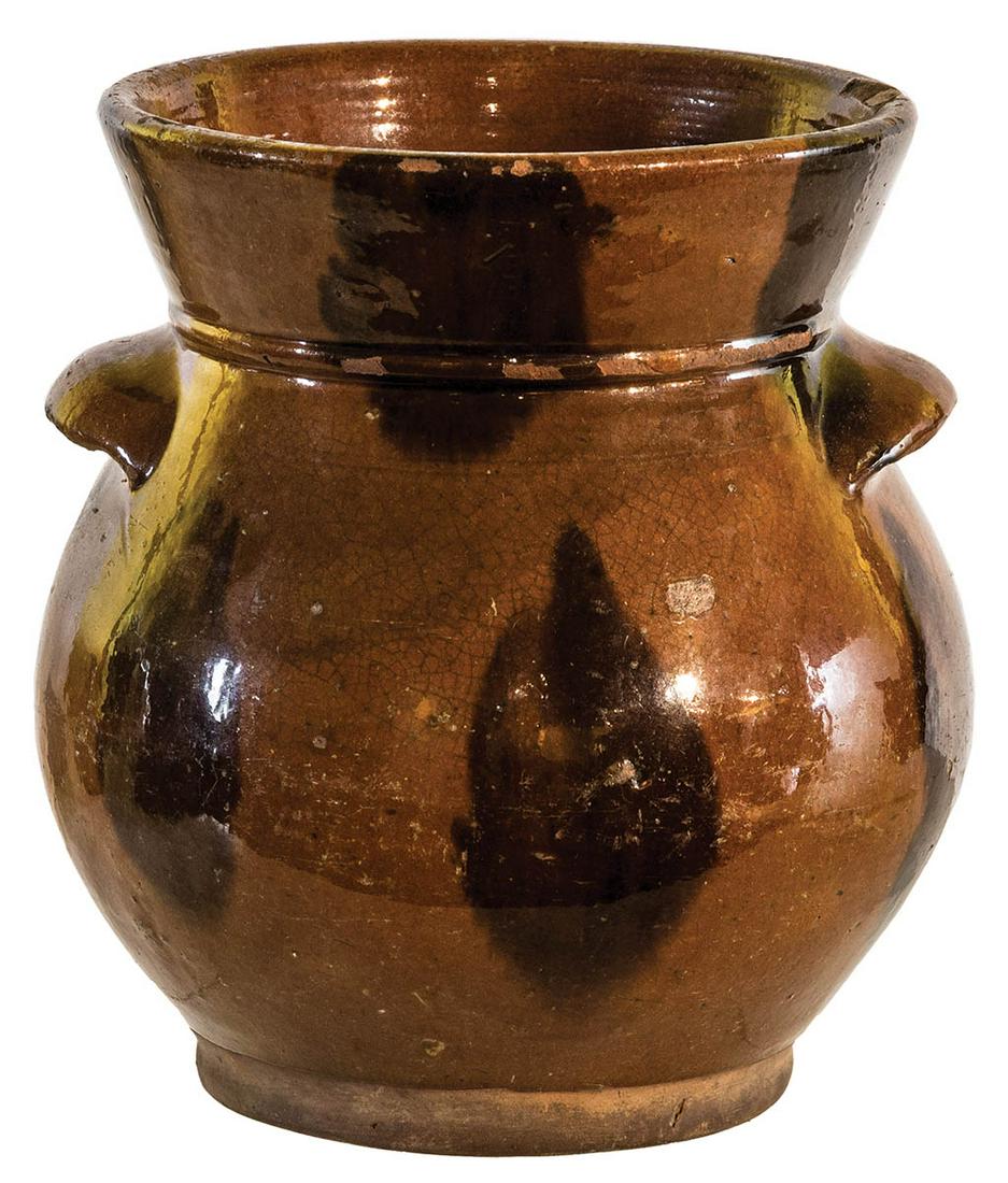 18TH/19TH C. REDWARE OVOID POTFlared rim, brown: 18TH/19TH C. REDWARE OVOID POTFlared rim, brown manganese spots, handles, 7 1/2" h, 5 1/2" dia.