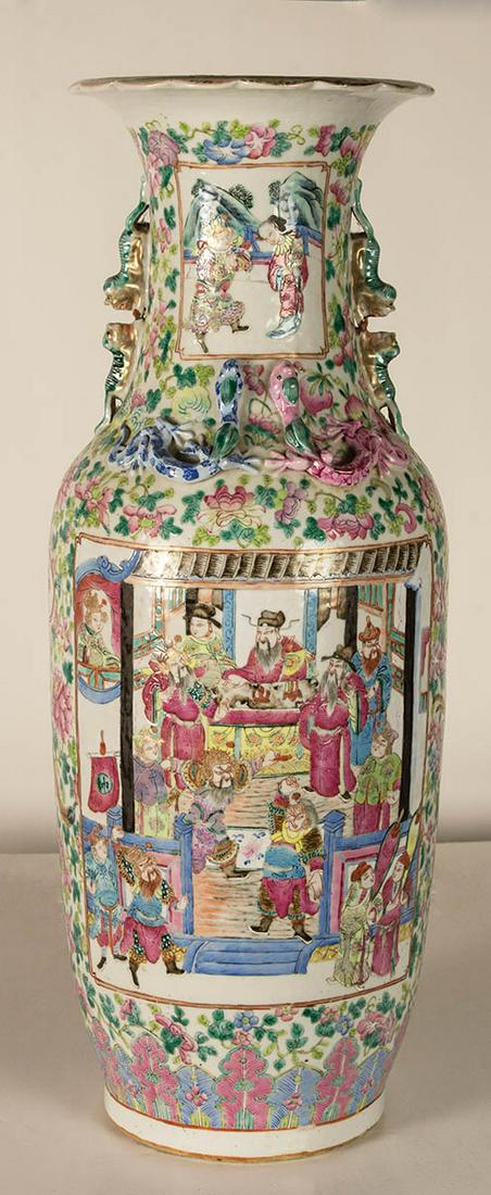 19TH C. CHINESE EXPORT VASERose Medallion vase, applied: 19TH C. CHINESE EXPORT VASERose Medallion vase, applied foo dogs and serpents, scalloped rim, one side depicts battle scene, opposite side peaceful kingdom, 24" h.