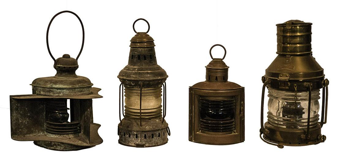 FOUR NAUTICAL LANTERNSBrass and copper, condition fair,: FOUR NAUTICAL LANTERNSBrass and copper, condition fair, some glass damage, one marked "anchor".