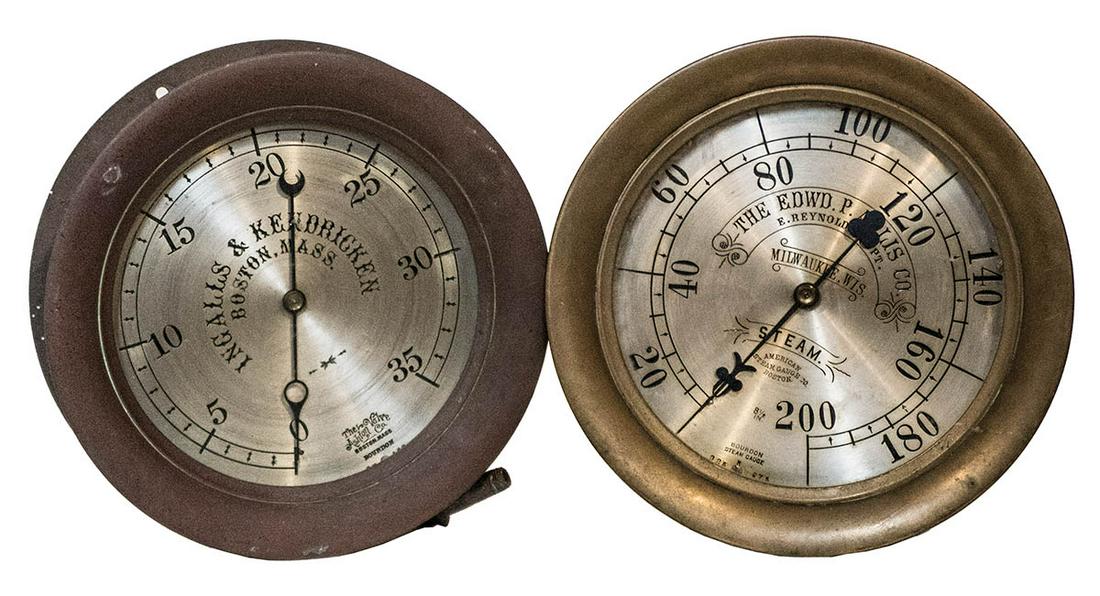 TWO BRASS SHIP'S STEAM GAUGES"Ingalls & Kendricken,: TWO BRASS SHIP'S STEAM GAUGES"Ingalls & Kendricken, Boston, Mass, The Ashton Valve Co., Bourdon Steam Gauge", 10 1/2" dia; and the "Edwin P. Allis Co., Milwaukee, Wis, Bourdon Steam Gauge", 8 1/2" dia