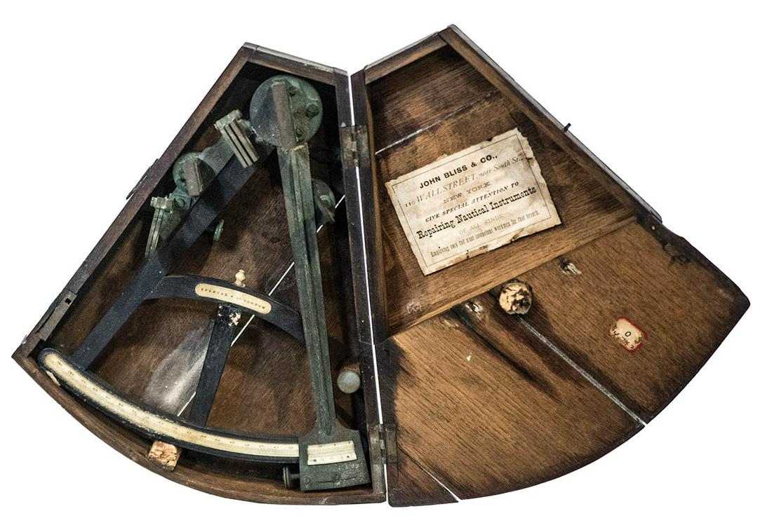 19TH C. CAPTAIN'S BOXED SEXTANTSpencer & Co, London,: 19TH C. CAPTAIN'S BOXED SEXTANTSpencer & Co, London, (appears to be complete), labeled "John Bliss & Co, 110 Wall Street, New York, Repairing Nautical Instruments", from a Duxbury collection.