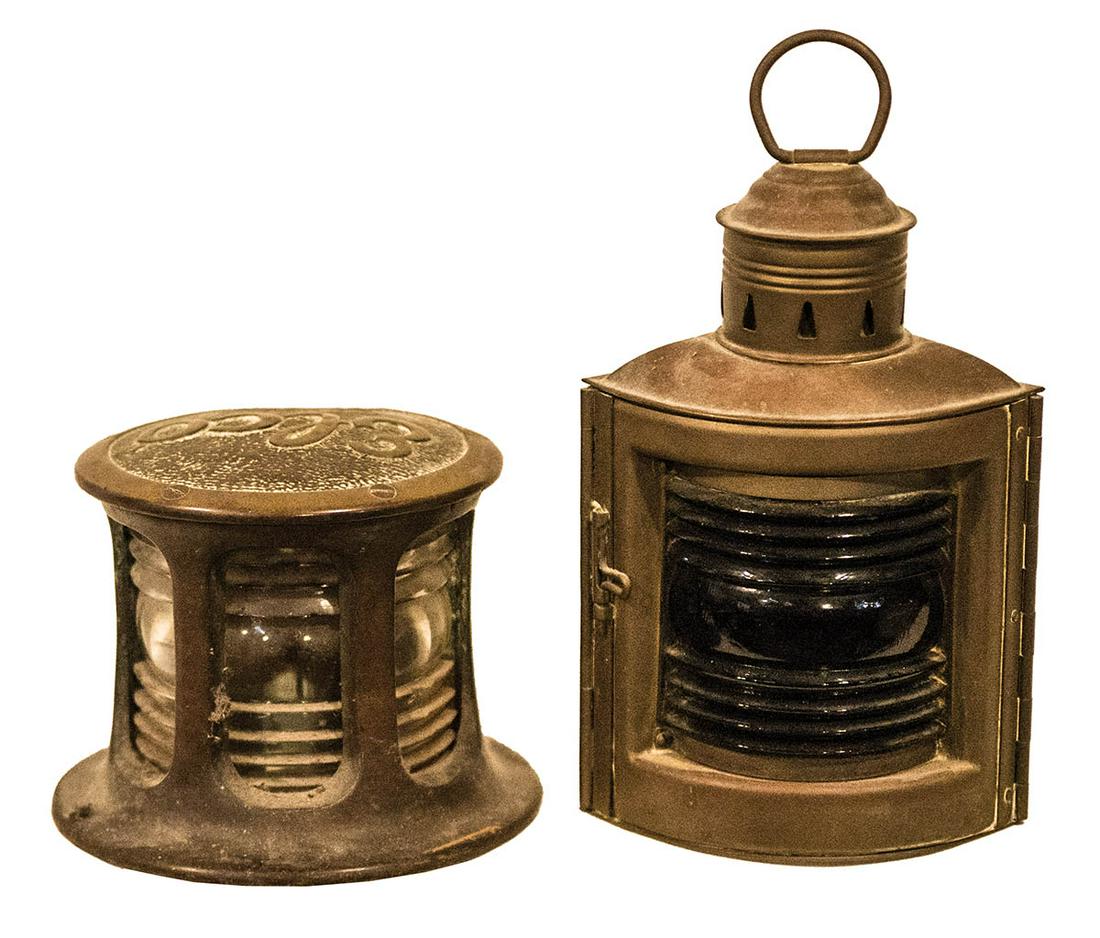 TWO BRASS SHIP'S LAMPS"Elco", pat. 1914/1915, 5" h, 6": TWO BRASS SHIP'S LAMPS"Elco", pat. 1914/1915, 5" h, 6" dia; Green glass lantern with oil burner, 10" h.
