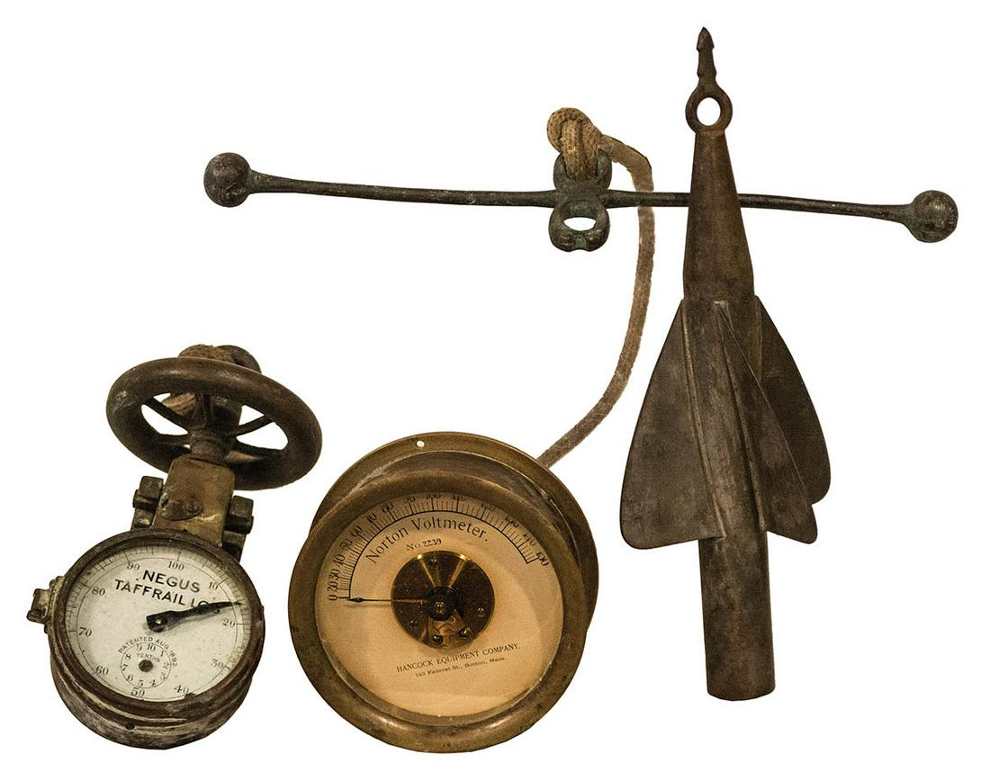 FOUR NAUTICAL INSTRUMENTS"Negus Taffrail Log", Norton: FOUR NAUTICAL INSTRUMENTS"Negus Taffrail Log", Norton voltmeter, and another brass log.