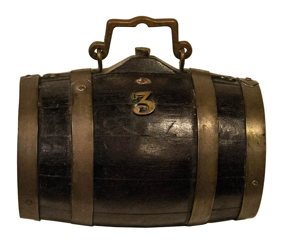 19TH C. SHIP'S CASKOak, brass bound, 3-gallon, ship's: 19TH C. SHIP'S CASKOak, brass bound, 3-gallon, ship's room cask, brass handle, 12" l, 7" dia.
