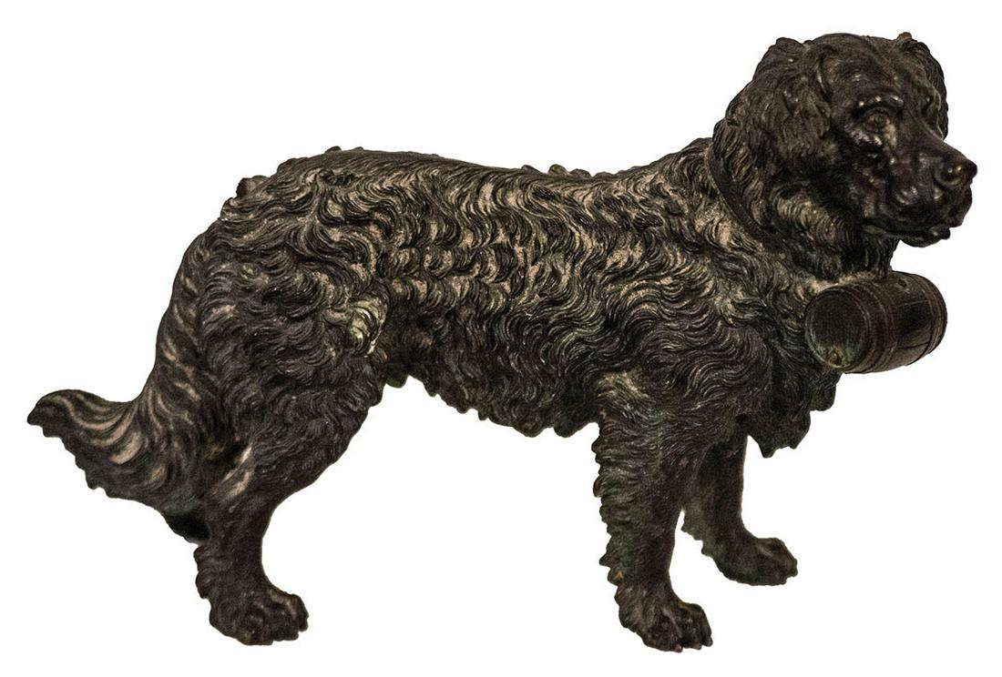 BRONZE DOG WITH RUM KEG19th/early 20th c. bronze, curly: BRONZE DOG WITH RUM KEG19th/early 20th c. bronze, curly haired, life saving dog with rum keg, 10" h, 15" l.