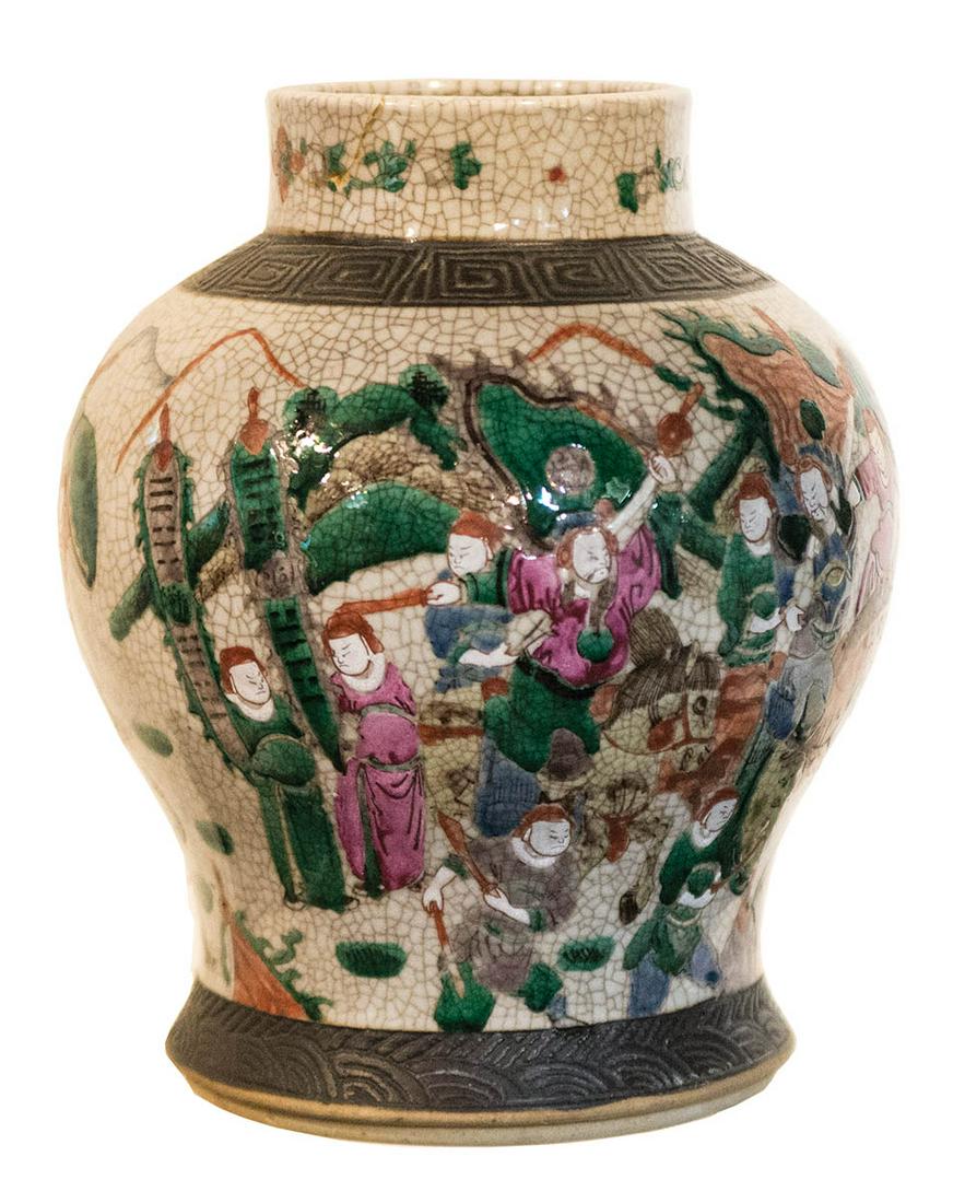 EARLY CHINESE STORAGE JARChinese crackleware pottery: EARLY CHINESE STORAGE JARChinese crackleware pottery jar, with hand-painted battle scenes, 11" h, 10" dia (at center).