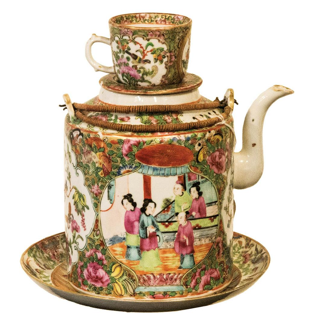 ROSE MEDALLION TEA SET19th c. Rose Medallion tea set: ROSE MEDALLION TEA SET19th c. Rose Medallion tea set with 6 1/2" h teapot, cover (saucer) and cup, and 7 3/4" dia plate, c. 1820-1830.