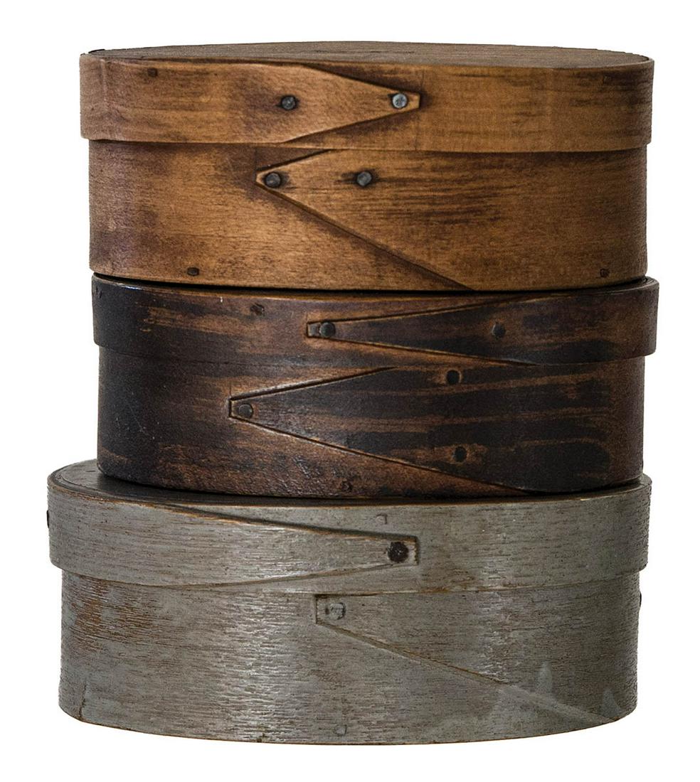 THREE HINGHAM BOXESOval box, natural finish, stamped on: THREE HINGHAM BOXESOval box, natural finish, stamped on lid "B.F.H." (Bela Hersey), 5 1/4" l; Oval box, red with black graining, 5" l; Oval box, original gray paint, finely shaped opposing fingers, 5