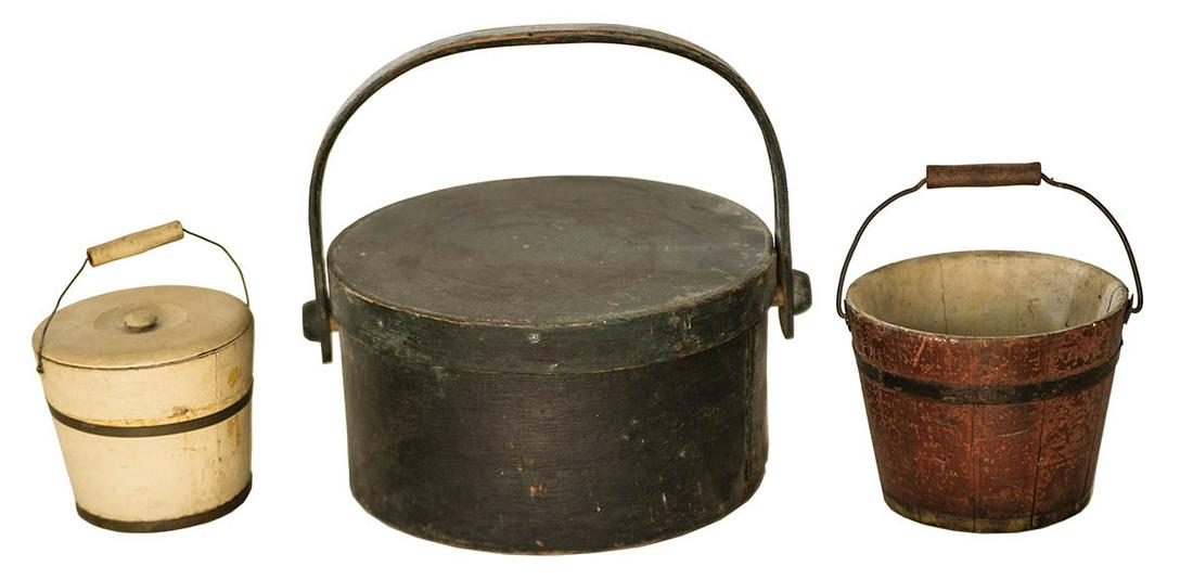 TWO PAILS AND ROUND BOXSmall, cream/white lidded pail,: TWO PAILS AND ROUND BOXSmall, cream/white lidded pail, with wood pull, and wire and wood swing handle, copper wraps, 4" h; Red and cream painted pail, with swing handle, (bottom wrap missing), 4 1/2" 