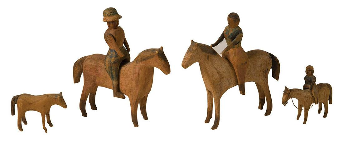 FOLK ART CARVED HORSES AND RIDERSFour miniature carved: FOLK ART CARVED HORSES AND RIDERSFour miniature carved pine horses and riders, gentleman with hat, wife and child, and another small horse, 5" l on horse, man 4" h, painted with some carved features, 
