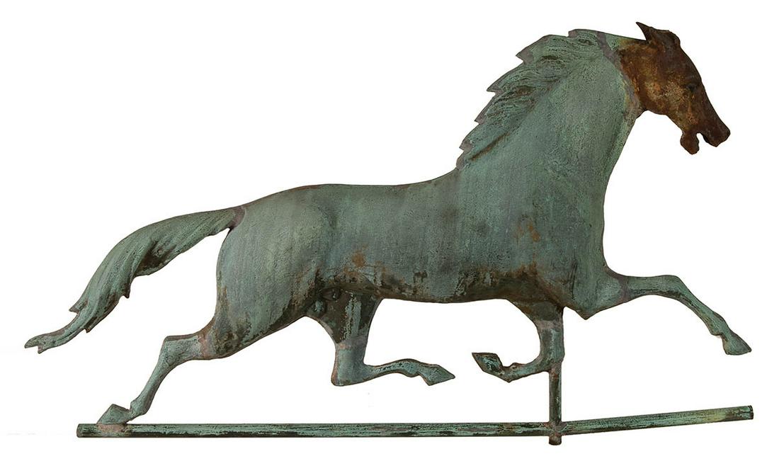 19TH C. COPPER RUNNING HORSE WEATHERVANEIron head,: 19TH C. COPPER RUNNING HORSE WEATHERVANEIron head, green colored body, rust colored head, overall good condition, 17" h, 29" l.