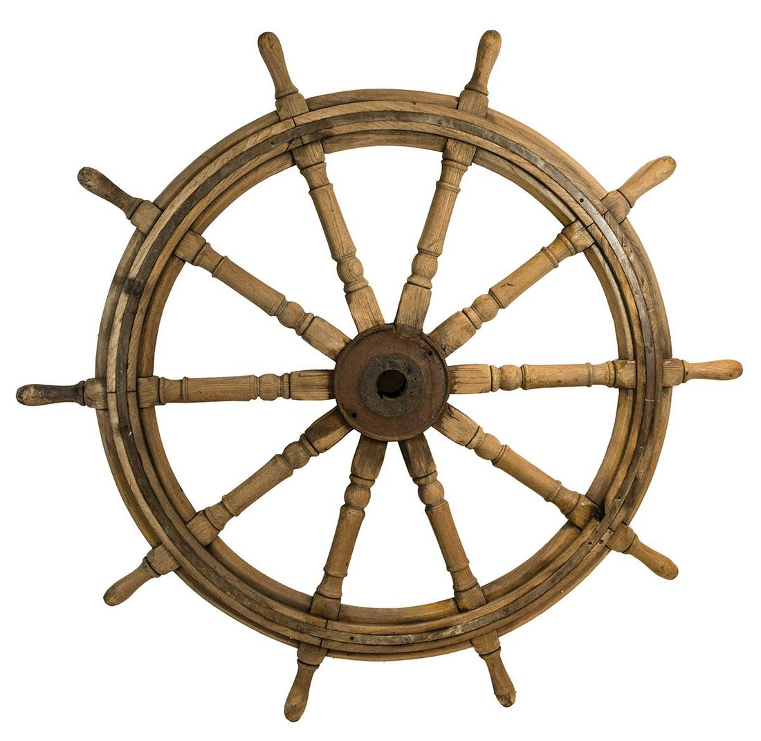 MID 19TH C. OAK SHIP'S WHEELTen turned spoke, brass: MID 19TH C. OAK SHIP'S WHEELTen turned spoke, brass bound, purchased in Southport, North Carolina, and said to have come off a Civil War ship, 5' 5" dia.