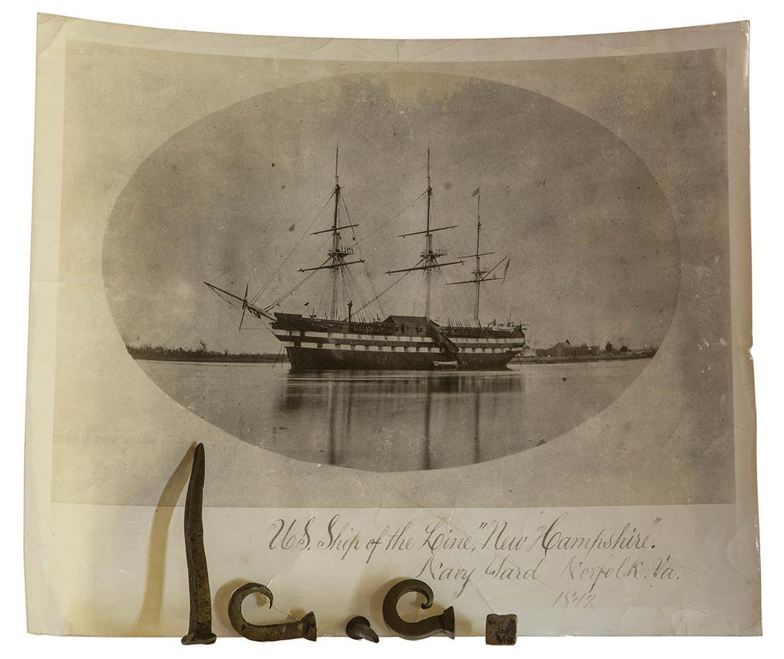 PHOTOGRAPH "SHIP OF THE LINE"8" x 10" photograph, "U.S.: PHOTOGRAPH "SHIP OF THE LINE"8" x 10" photograph, "U.S. Ship of the Line 'New Hampshire'", Navy yard, Norfolk, Va, 1842, along with the five brass "Nails from the USS New Hampshire of Manchester By th